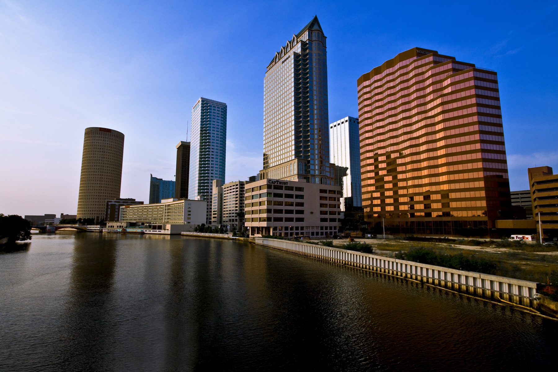 Downtown Tampa along the Hillsborough River at dusk